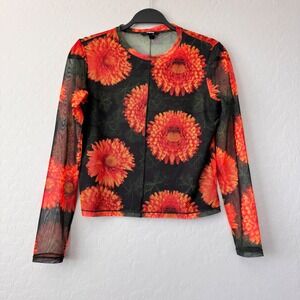 Desigual Floral Mesh Top See Through Long Sleeve Blouse Orange Black M